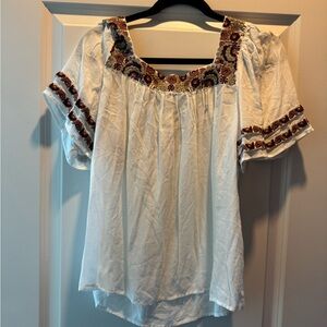 Anthropologie White Blouse with Floral Embroidery